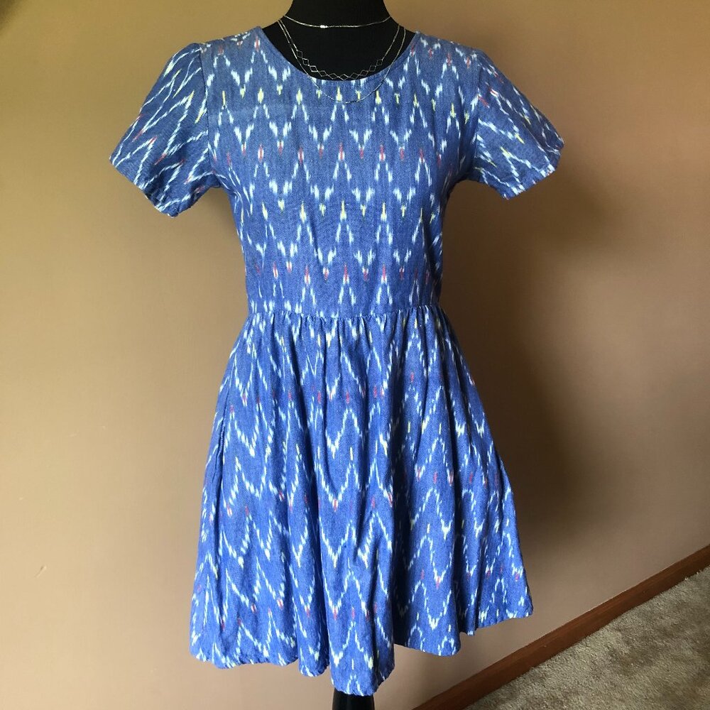 Mata Trader Points Blue Cotton Ikat Print Dress